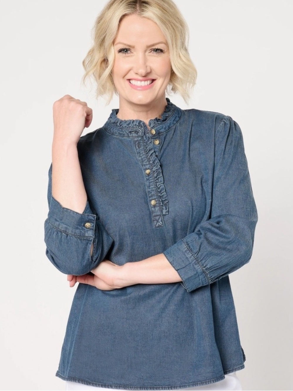 New Denim & Co 3/4 Sleeve Ruffle Neck Tunic Blue Lyocell Button Front Medium NWT